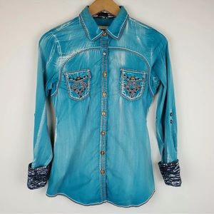 DESTINED TO ROAR Distress Turquoise Western Shirt